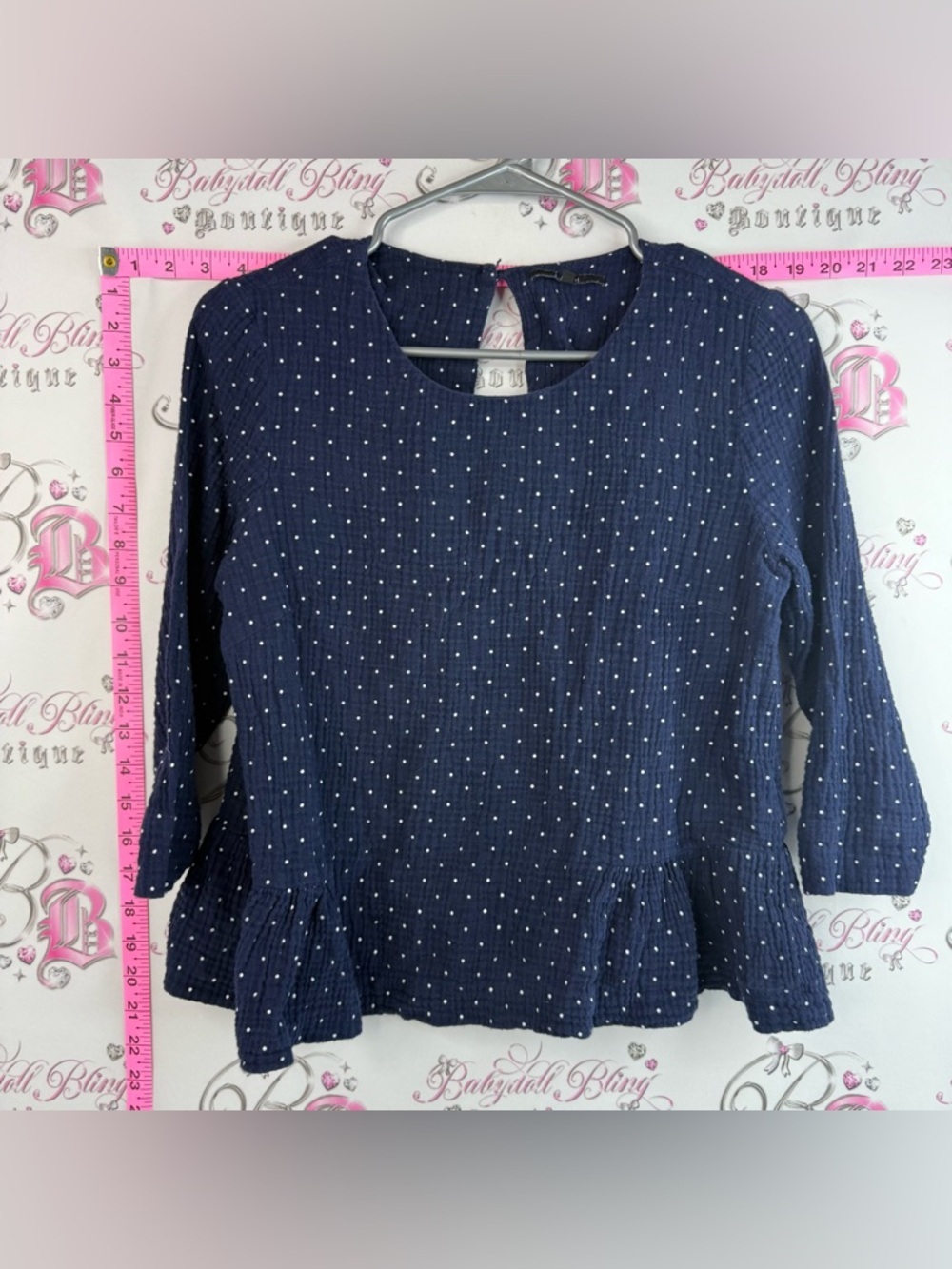 FRNCH shirt dotted blue white Navy Blue Long Sleeve Peplum Top with White Dots